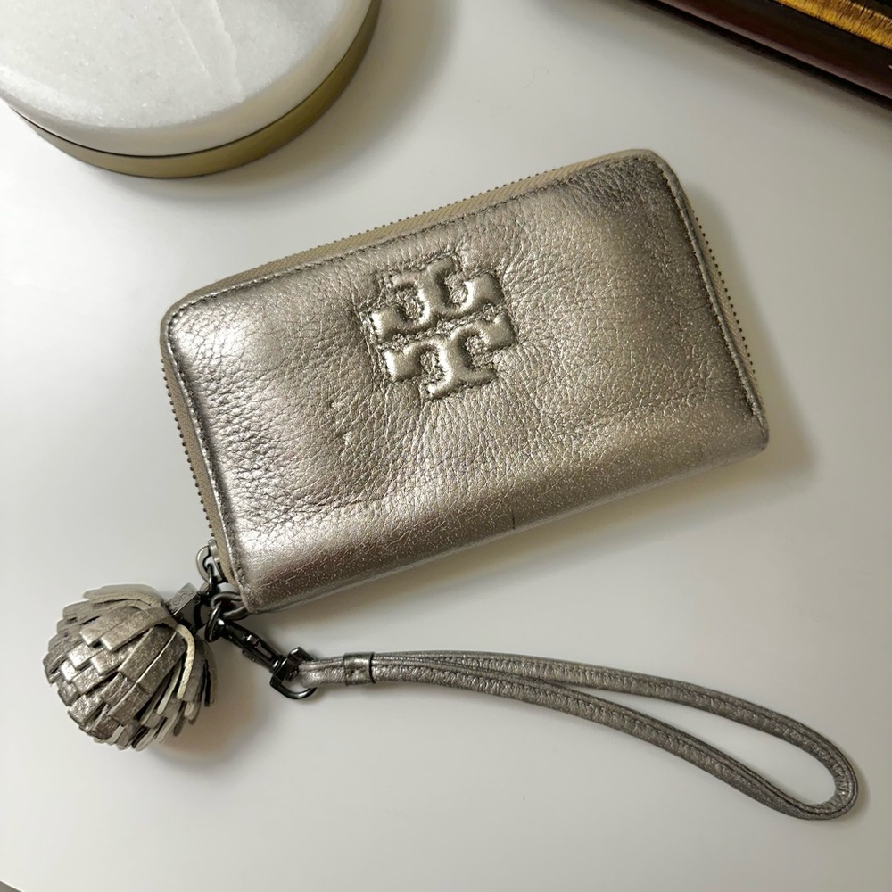 Tory Burch Silver Wristlet with Logo Charm